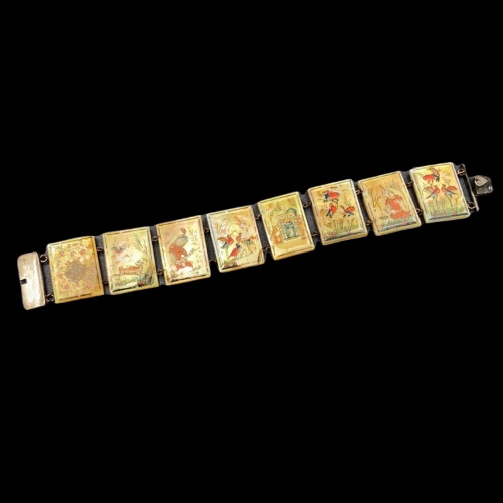 Antique Persian Story MOP Hand Painted Panel Bracelet